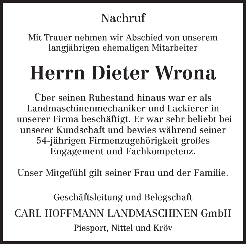  Traueranzeige für Dieter Wrona vom 21.03.2014 aus trierischer_volksfreund