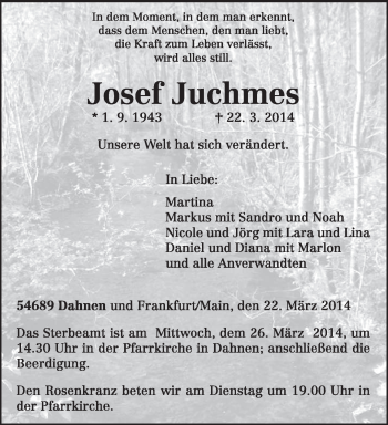 Traueranzeige von Josef Juchmes von trierischer_volksfreund