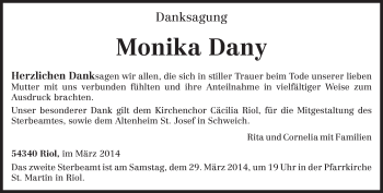 Traueranzeige von Monika Dany von trierischer_volksfreund