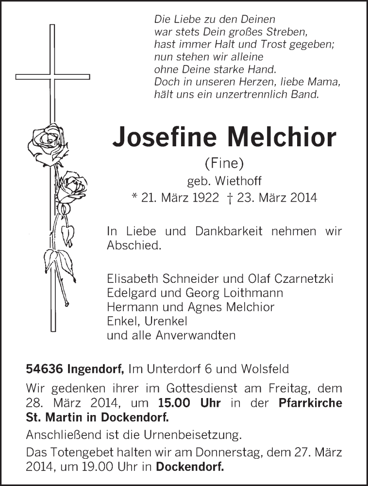  Traueranzeige für Josefine Melchior vom 26.03.2014 aus trierischer_volksfreund