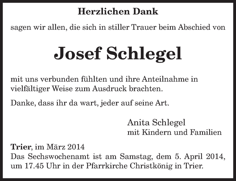  Traueranzeige für Josef Schlegel vom 29.03.2014 aus trierischer_volksfreund
