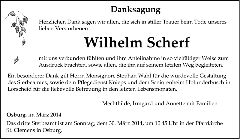  Traueranzeige für Wilhelm Scherf vom 26.03.2014 aus trierischer_volksfreund