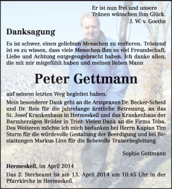 Traueranzeige von Peter Gettmann von trierischer_volksfreund