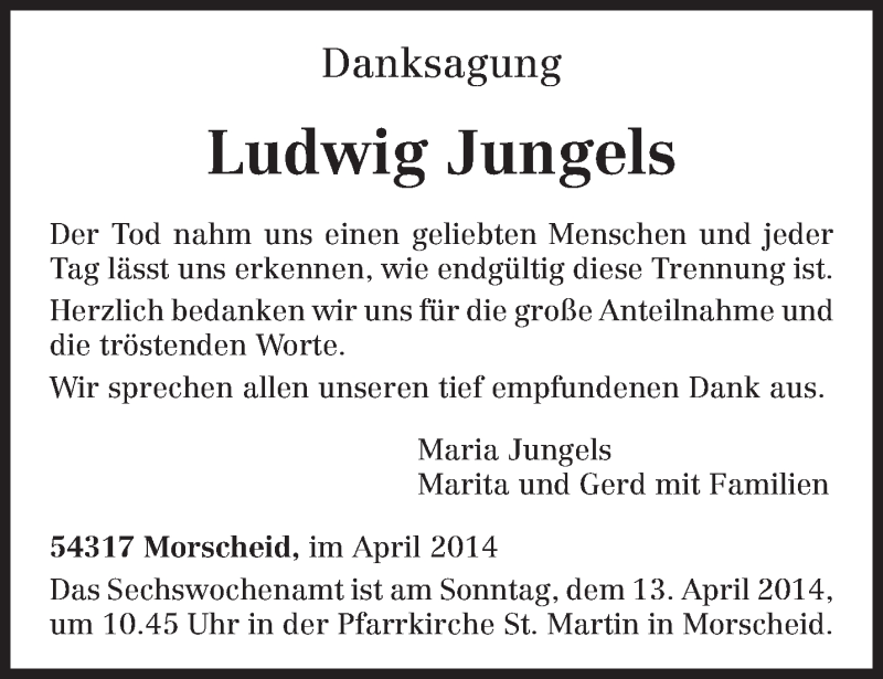  Traueranzeige für Ludwig Jungels vom 05.04.2014 aus trierischer_volksfreund