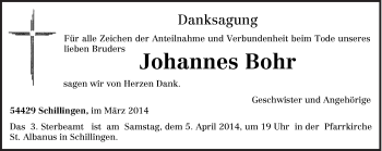 Traueranzeige von Johannes Bohr von trierischer_volksfreund