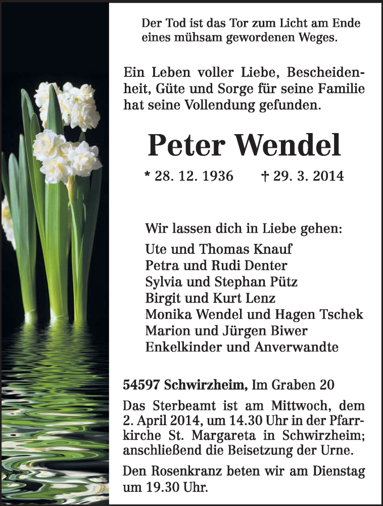 Traueranzeige für Peter Wendel vom 31.03.2014 aus trierischer_volksfreund