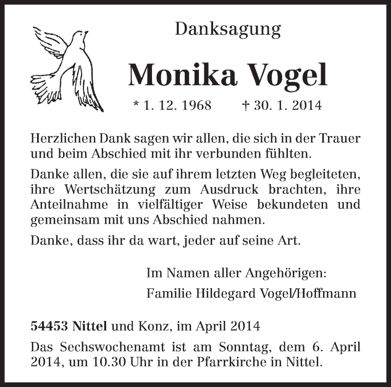  Traueranzeige für Monika Vogel vom 03.04.2014 aus trierischer_volksfreund