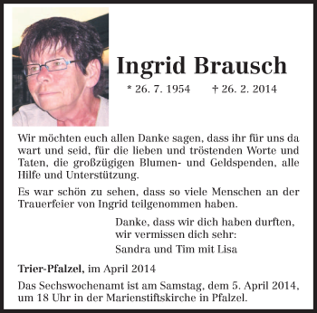 Traueranzeige von Ingrid Brausch von trierischer_volksfreund