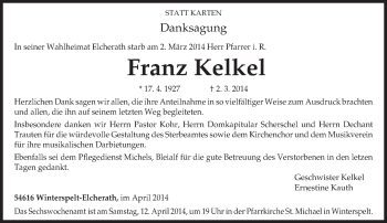 Traueranzeige von Franz Kelkel von trierischer_volksfreund
