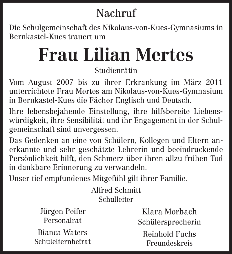  Traueranzeige für Lilian Mertes vom 05.04.2014 aus trierischer_volksfreund