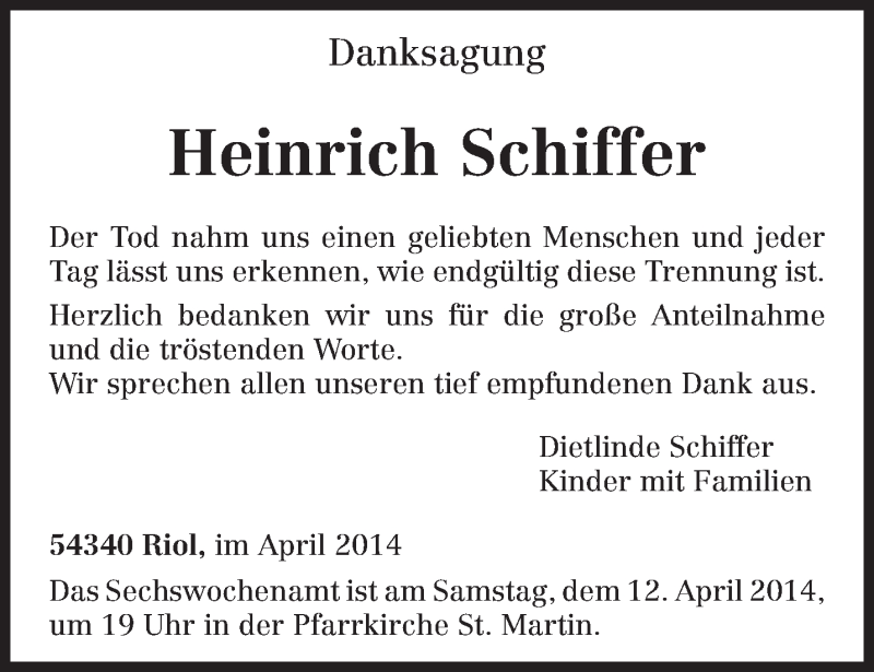  Traueranzeige für Heinrich Schiffer vom 09.04.2014 aus trierischer_volksfreund