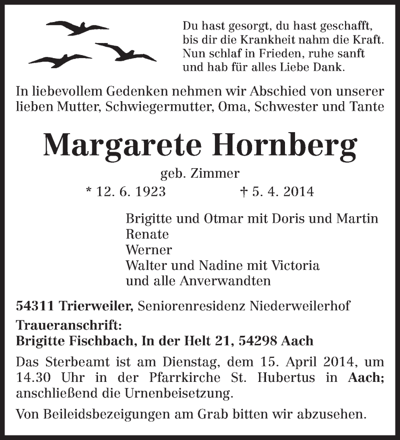  Traueranzeige für Margaretha Hornberg vom 12.04.2014 aus trierischer_volksfreund