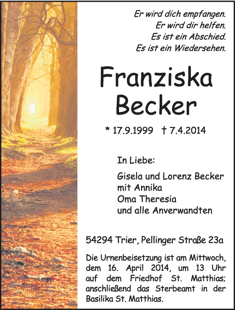  Traueranzeige für Franziska Becker vom 12.04.2014 aus trierischer_volksfreund