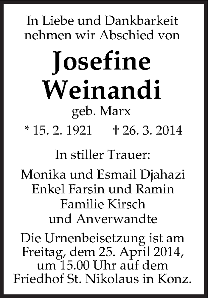 Traueranzeige für Josefine Weinandi vom 19.04.2014 aus trierischer_volksfreund