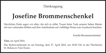 Traueranzeige von Josefine Brommenschenkel von trierischer_volksfreund