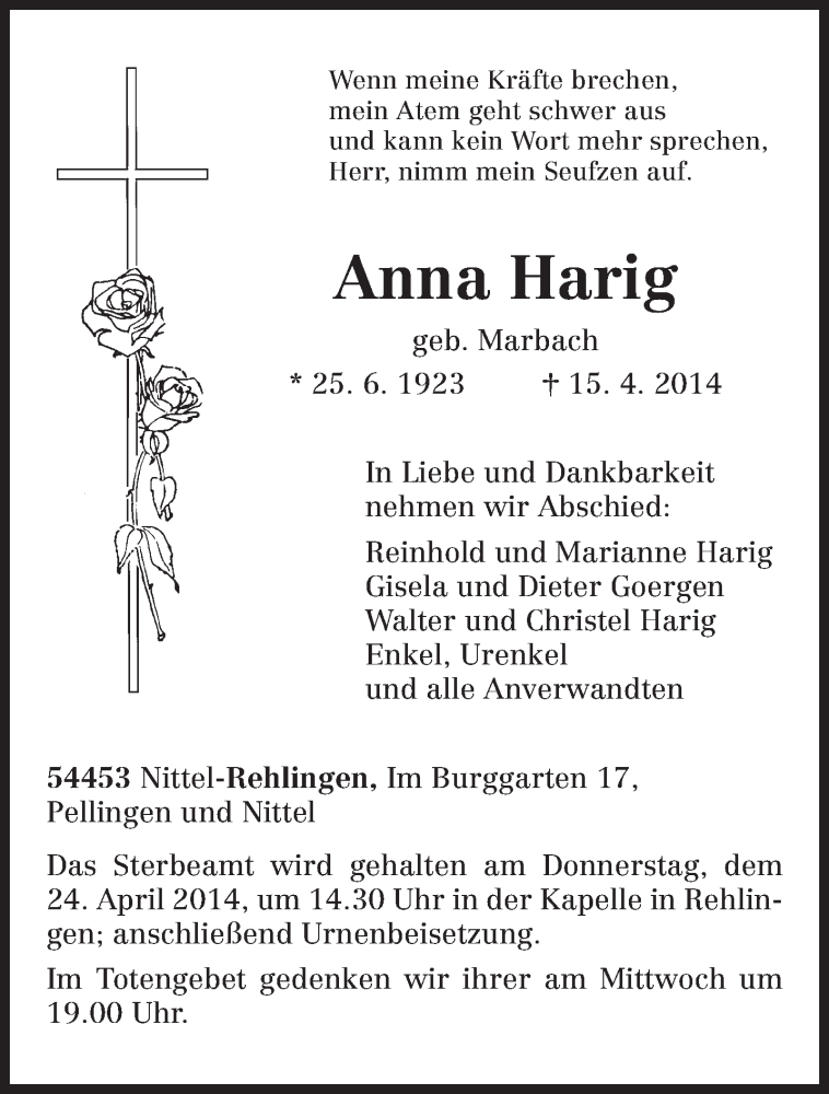  Traueranzeige für Anna Harig vom 22.04.2014 aus trierischer_volksfreund