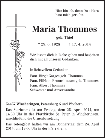 Traueranzeige von Maria Thommes von trierischer_volksfreund