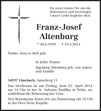 Traueranzeige von Franz-Josef Altenburg von trierischer_volksfreund