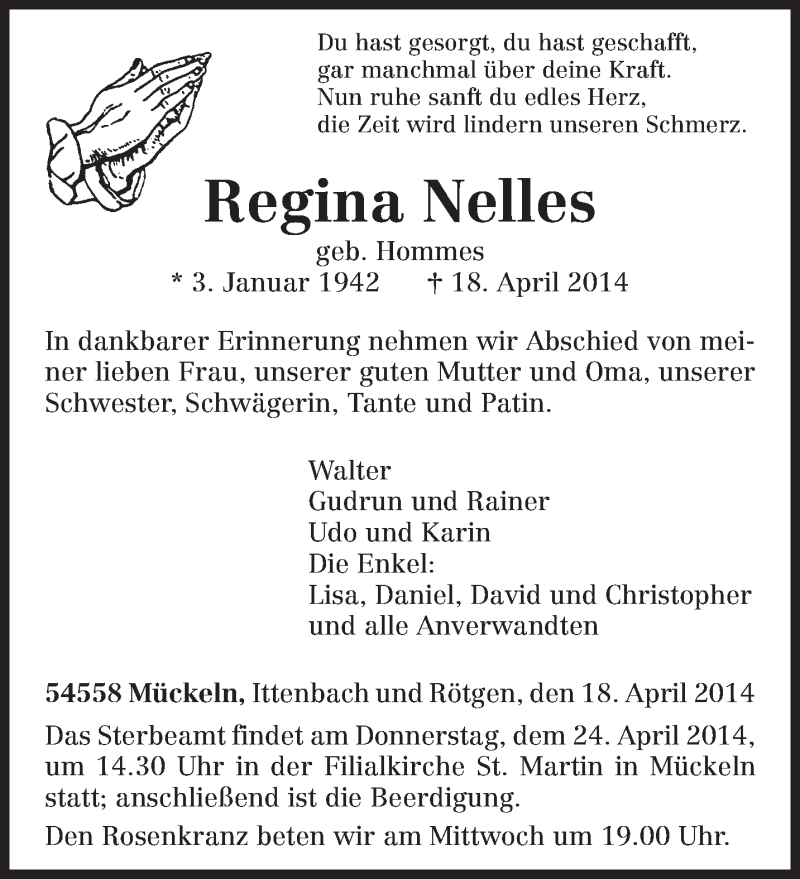  Traueranzeige für Regina Nelles vom 22.04.2014 aus trierischer_volksfreund
