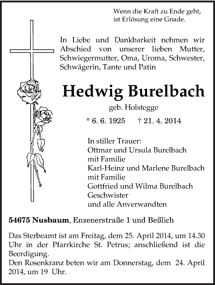  Traueranzeige für Hedwig Burelbach vom 23.04.2014 aus trierischer_volksfreund