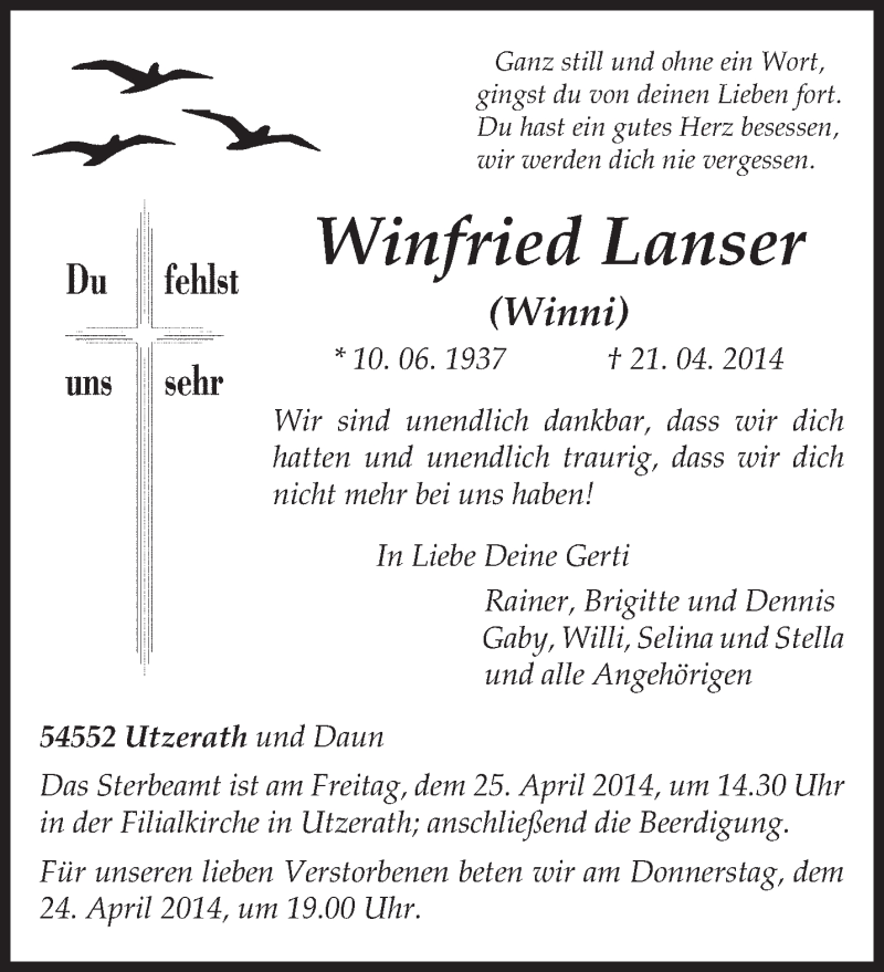  Traueranzeige für Winfried Lanser vom 23.04.2014 aus trierischer_volksfreund
