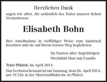 Traueranzeige von Elisabeth Bohn von trierischer_volksfreund