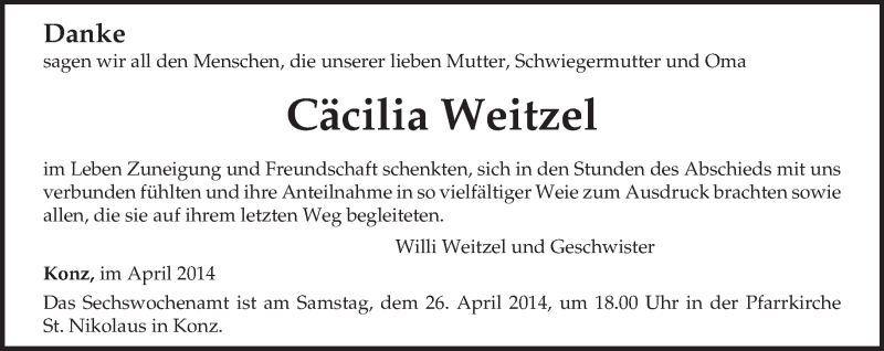 Traueranzeige für Cäcilia  Weitzel vom 24.04.2014 aus trierischer_volksfreund