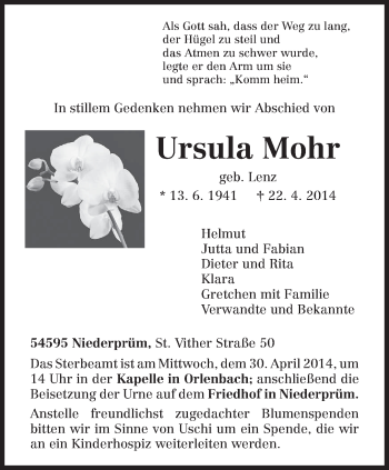 Traueranzeige von Ursula Mohr von trierischer_volksfreund