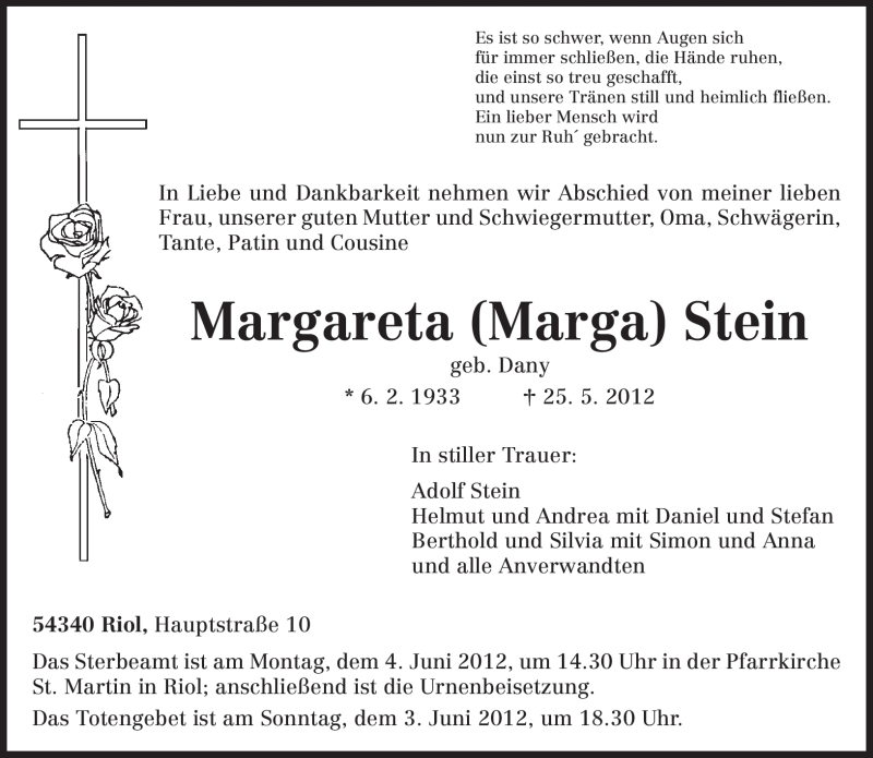  Traueranzeige für Margareta Stein vom 30.05.2012 aus TRIERISCHER VOLKSFREUND
