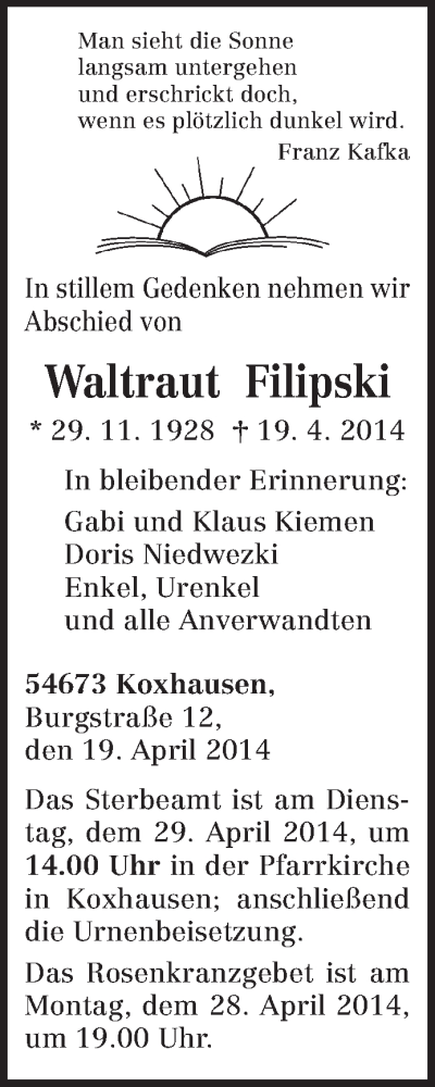  Traueranzeige für Waltraut Filipski vom 26.04.2014 aus trierischer_volksfreund