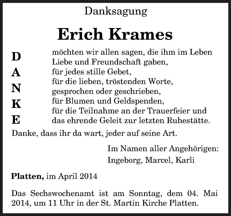  Traueranzeige für Erich Krames vom 26.04.2014 aus trierischer_volksfreund