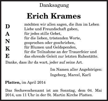 Traueranzeige von Erich Krames von trierischer_volksfreund
