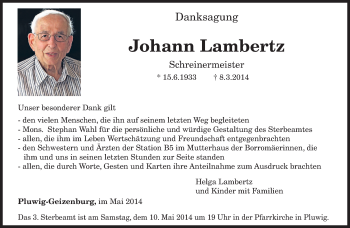 Traueranzeige von Johann Lambertz von trierischer_volksfreund