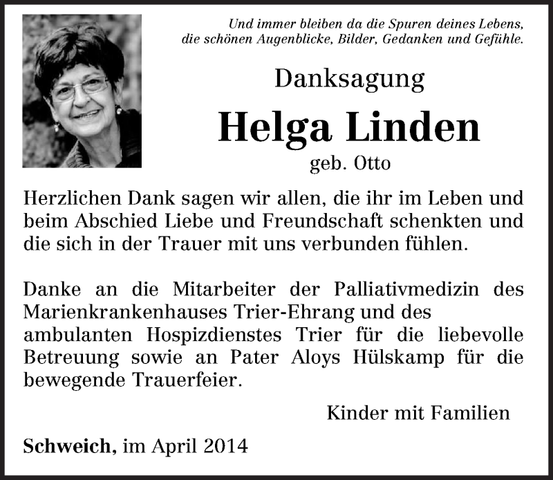  Traueranzeige für Helga Linden vom 30.04.2014 aus trierischer_volksfreund