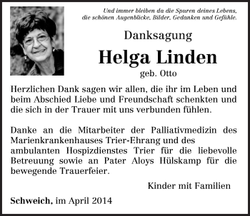Traueranzeige von Helga Linden von trierischer_volksfreund