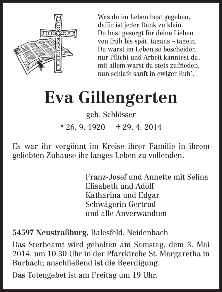  Traueranzeige für Eva Gillengerten vom 01.05.2014 aus trierischer_volksfreund