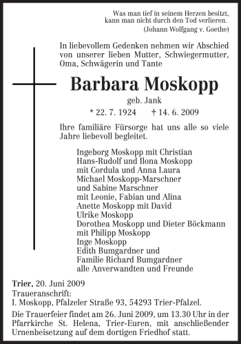 Traueranzeige von Barbara Moskopp von TRIERISCHER VOLKSFREUND