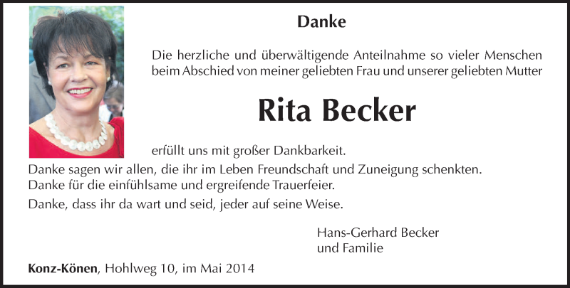  Traueranzeige für Rita Becker vom 10.05.2014 aus trierischer_volksfreund