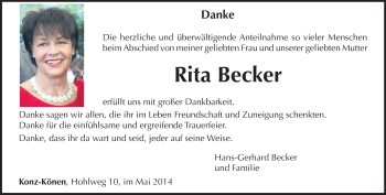 Traueranzeige von Rita Becker von trierischer_volksfreund