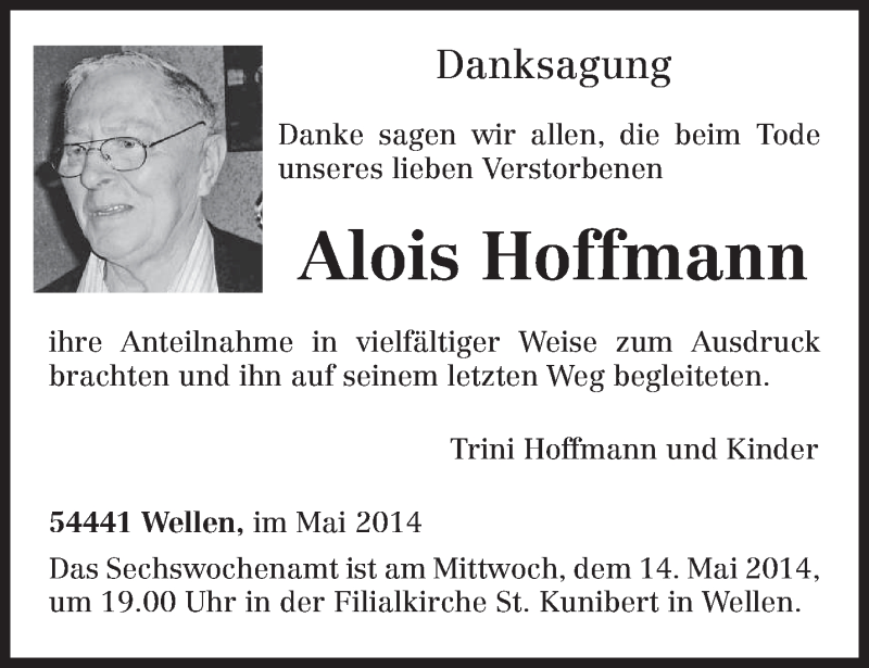  Traueranzeige für Alois Hoffmann vom 10.05.2014 aus trierischer_volksfreund