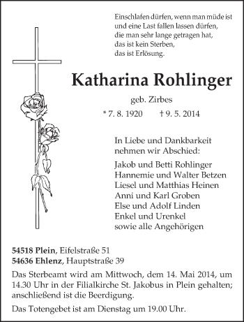 Traueranzeige von Katharina Rohlinger von trierischer_volksfreund