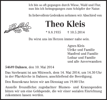 Traueranzeige von Theo Kleis von trierischer_volksfreund