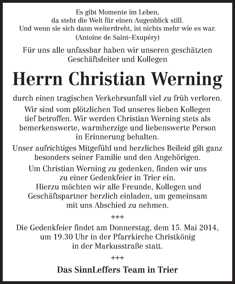  Traueranzeige für Christian Werning vom 13.05.2014 aus trierischer_volksfreund