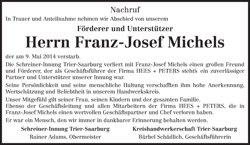  Traueranzeige für Franz-Josef Michels vom 13.05.2014 aus trierischer_volksfreund