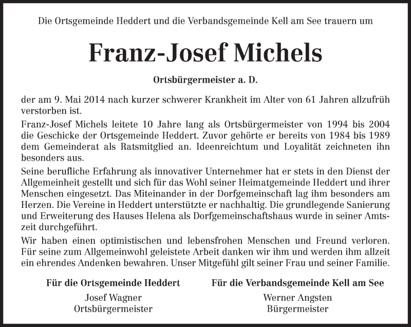  Traueranzeige für Franz-Josef Michels vom 14.05.2014 aus trierischer_volksfreund