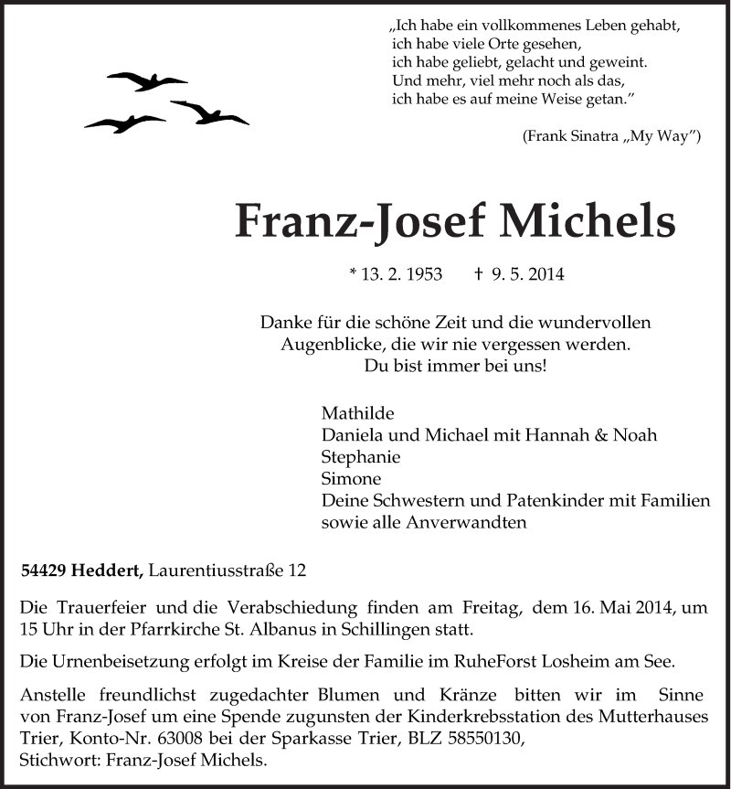  Traueranzeige für Franz-Josef Michels vom 13.05.2014 aus trierischer_volksfreund