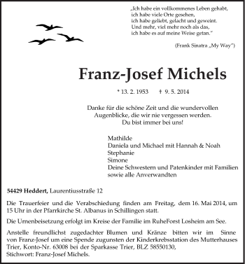 Traueranzeige von Franz-Josef Michels von trierischer_volksfreund