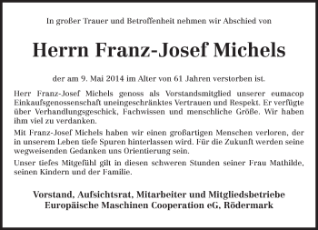 Traueranzeige von Franz-Josef Michels von trierischer_volksfreund