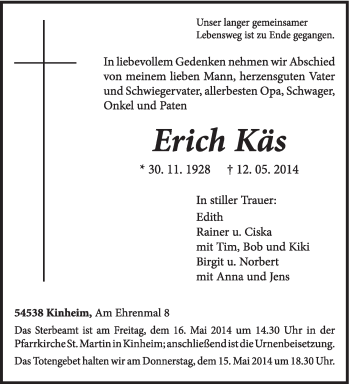 Traueranzeige von Erich Käs von trierischer_volksfreund