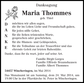 Traueranzeige von Maria Thommes von trierischer_volksfreund